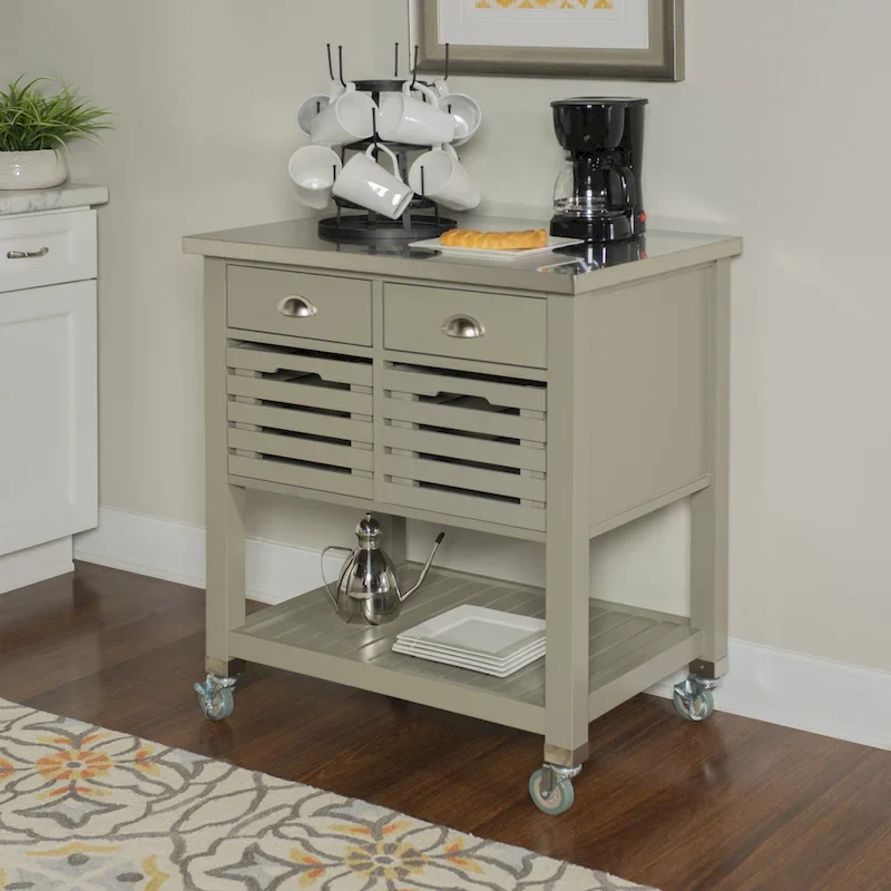 Rolling Kitchen Cart with Stainless Steel Top – Grey, 2 Drawers & Pull-Out Baskets