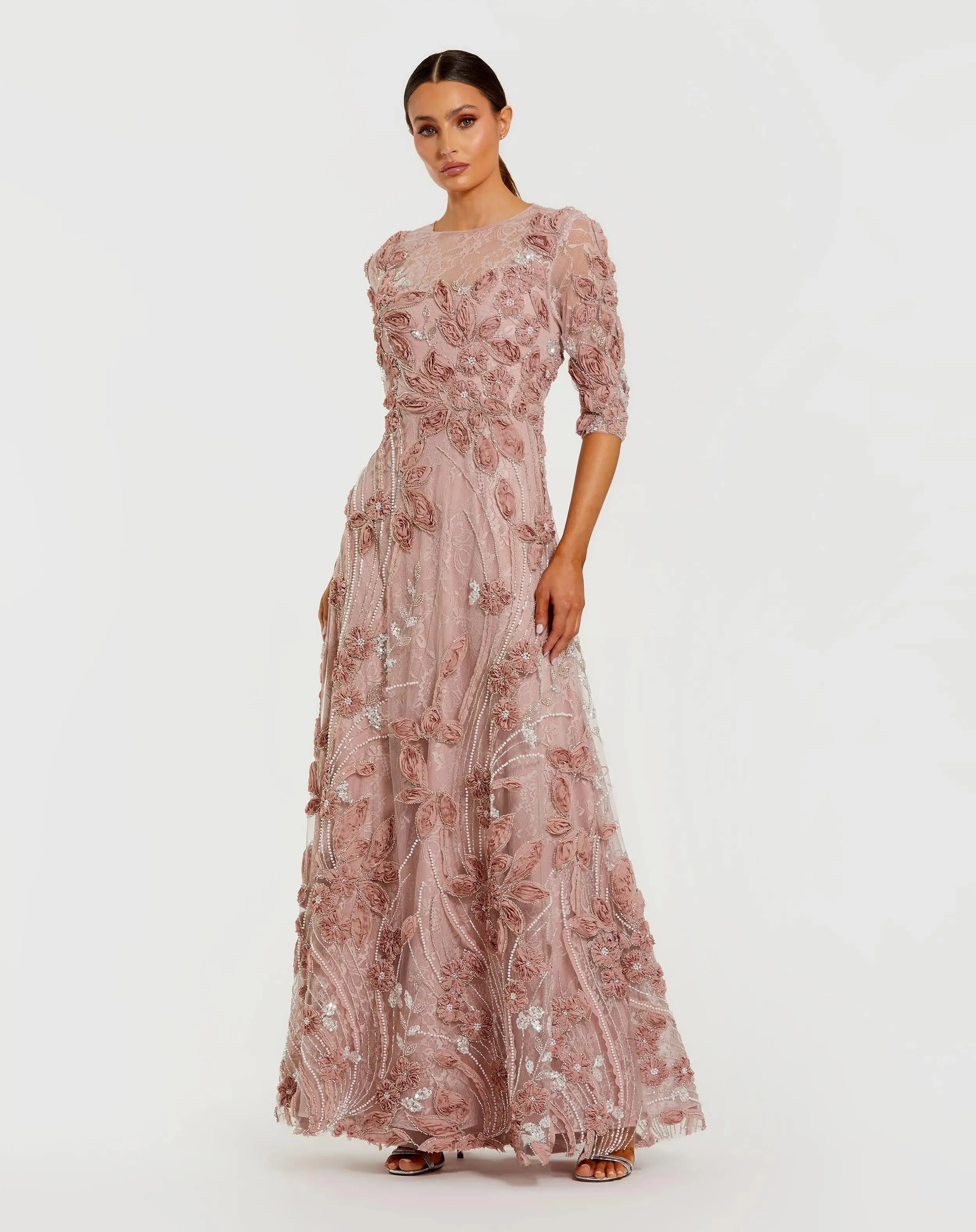 Pink High Neck Embellished Lace Gown with 3/4 Sleeves