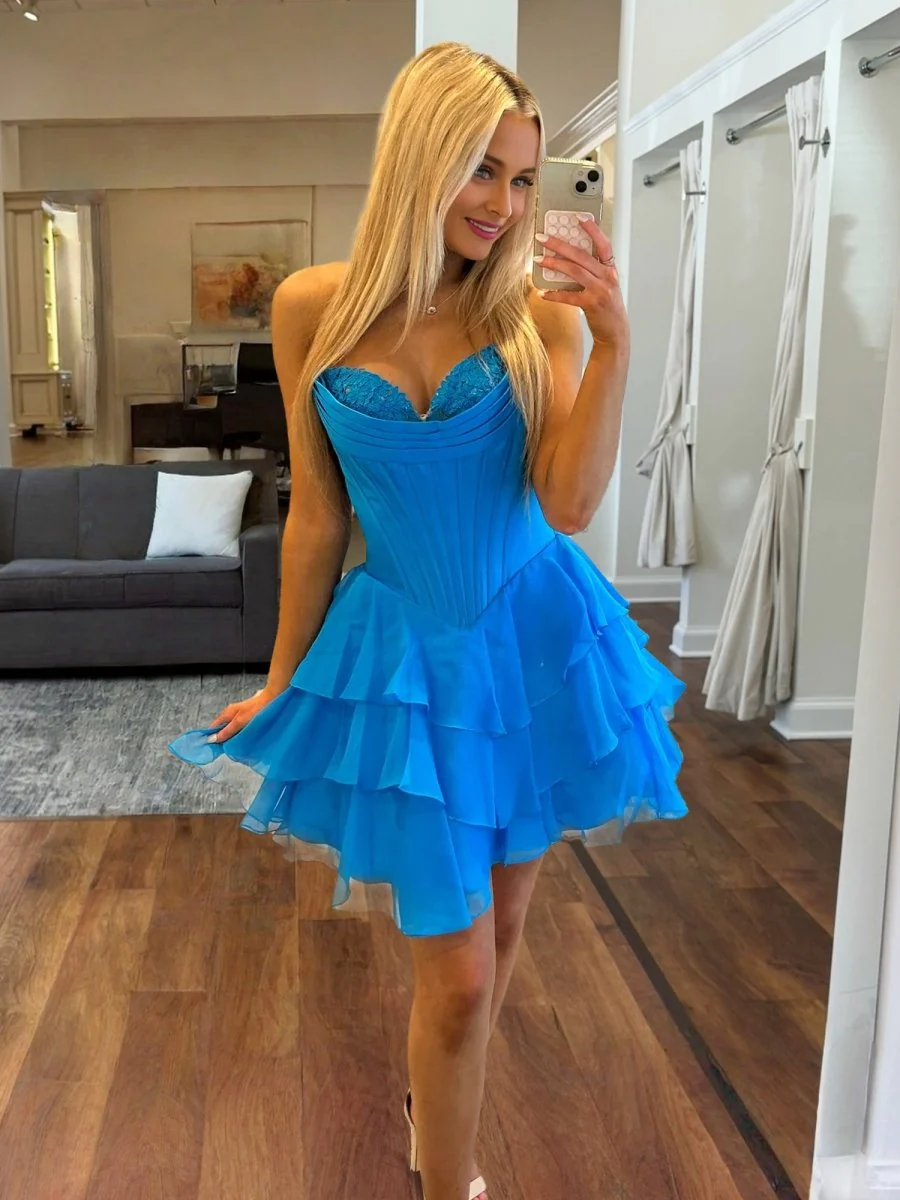 Azure - A-Line Sweetheart Corset Ruffle Homecoming & Cocktail Dresses With Applique