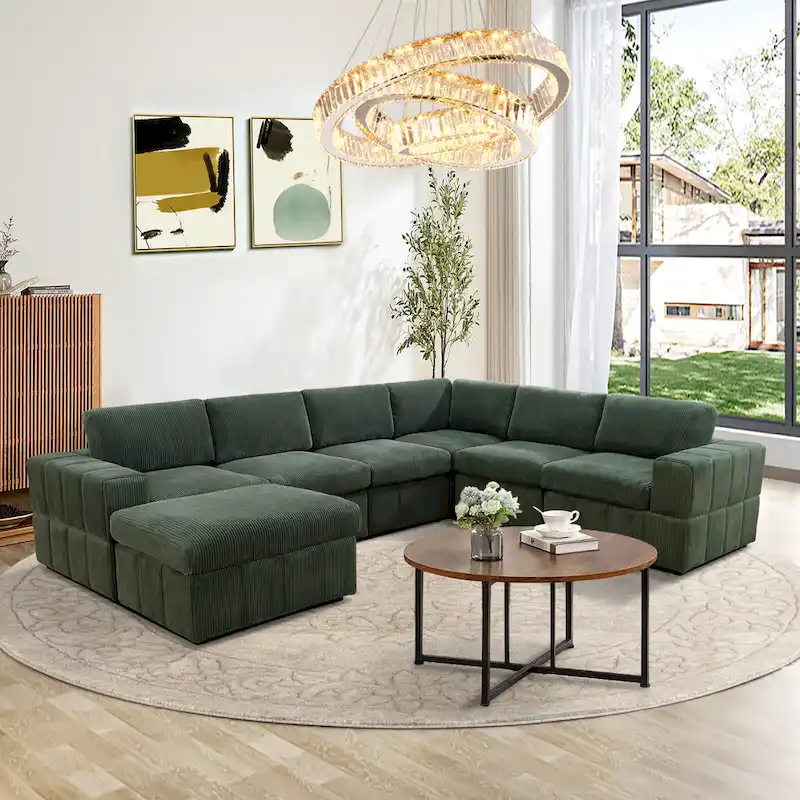 Beige / Green / Dark Grey Corduroy Modular Corner Sectional Sofa with Ottoman, Seats 7