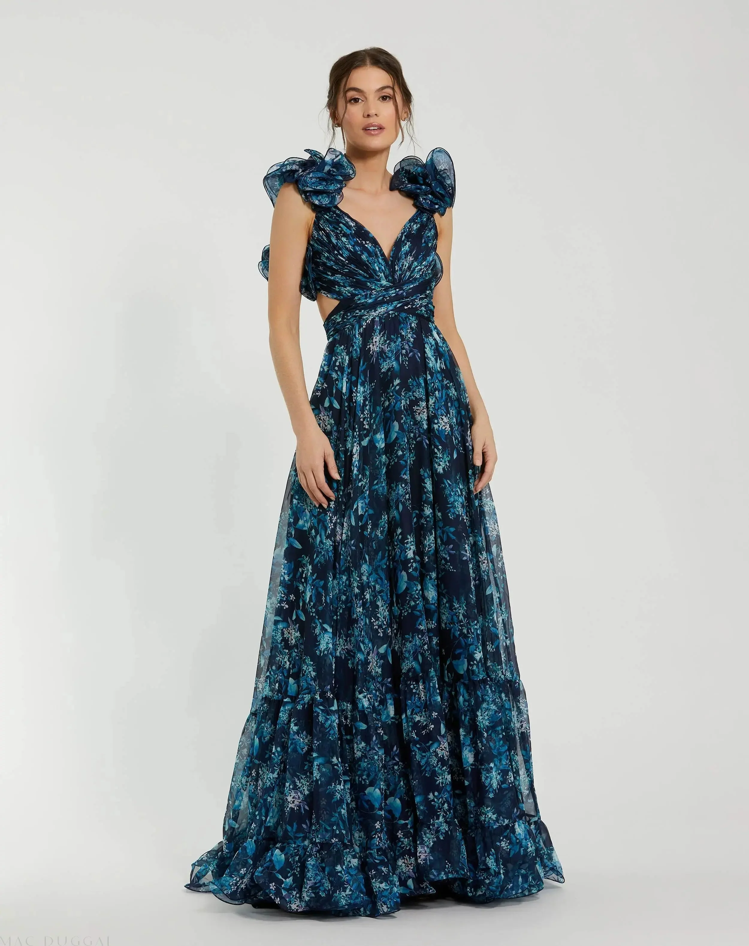 Navy Tiered Floral Cut-Out Chiffon Gown