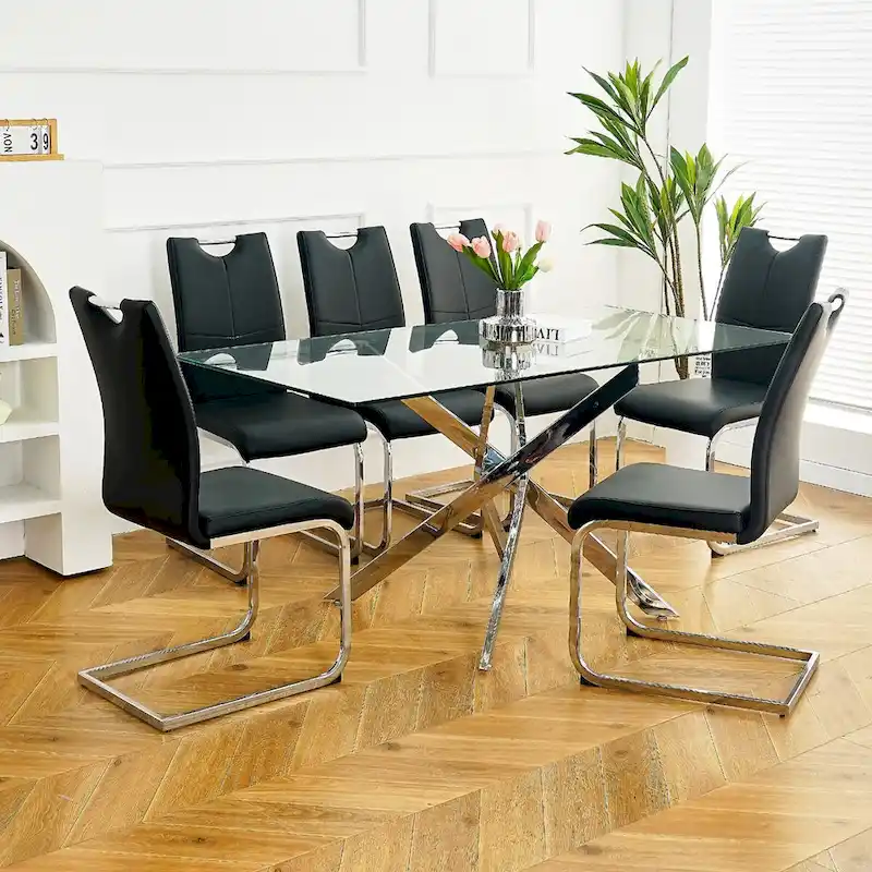 Set of 6,Dining Chairs with Faux Leather Padded Seat Upholstered with Chrome Metal Legs Side Chairs