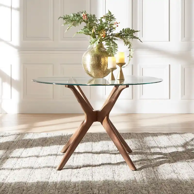 Mid-Century Round Dining Table with X-Shape Rubberwood Base — Dark Walnut Finish