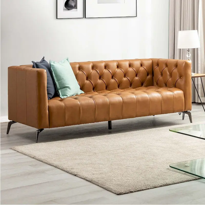 Transitional Genuine Leather Sofa with Metal Legs and Tufted Back