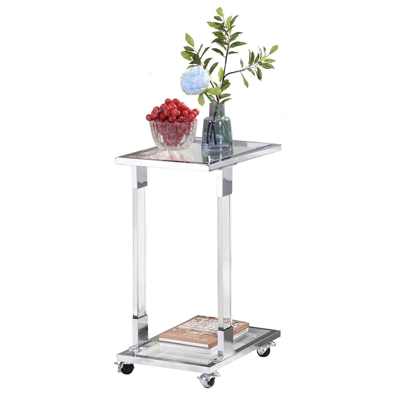 Glass Side Table, Acrylic End Table, Glass Top C Shape Square Table with Metal Base
