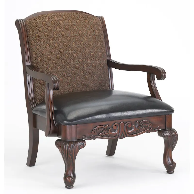 Brown Traditional Accent Chair, Single Seat — Walnut Finish, Carved Wood Detail