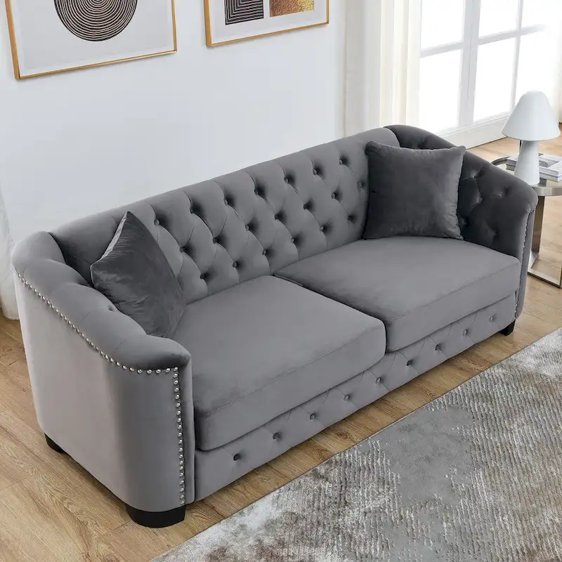 Grey 77 Modern Velvet 3-Seater Sofa with Tufted Backrests and Nailhead Trim