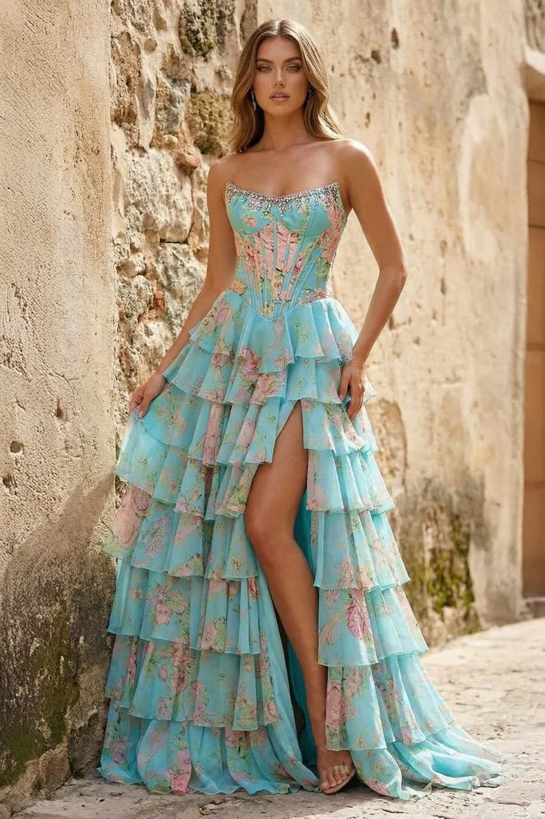 Aqua - Scoop Neck A Line Floral Chiffon Ruffled Prom Dresses With Beading