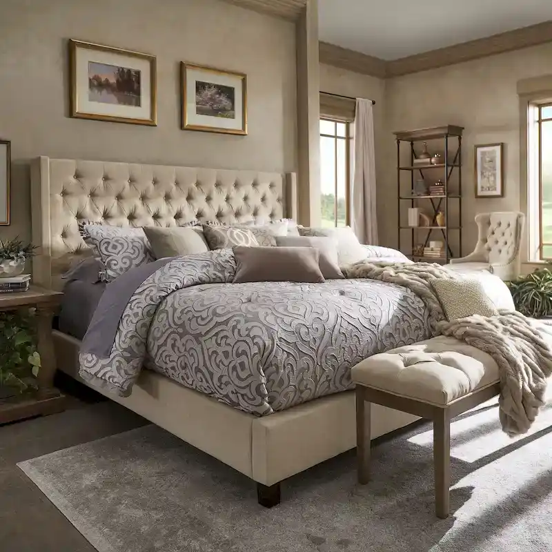 Wingback Button Tufted King Bed