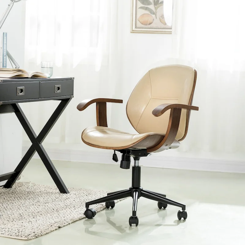 PU Leather Swivel Office Chair with Bamboo Armrests – Cocoa / Brown / Black, Mid-Back, Single User