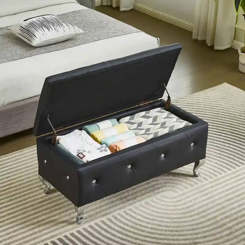 Black / Grey / Silver / White Faux Leather Storage Ottoman Bench with Crystal Buttons — 1 Person