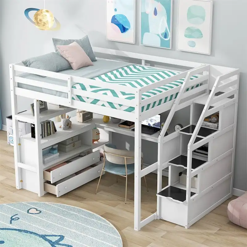 Merax Loft Bed with Desk and Shelves