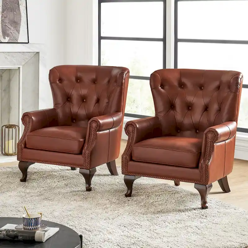 Gerhard Genuine Leather Armchair with Nailhead Trims and Removable Cushion Set of 2 by HULALA HOME
