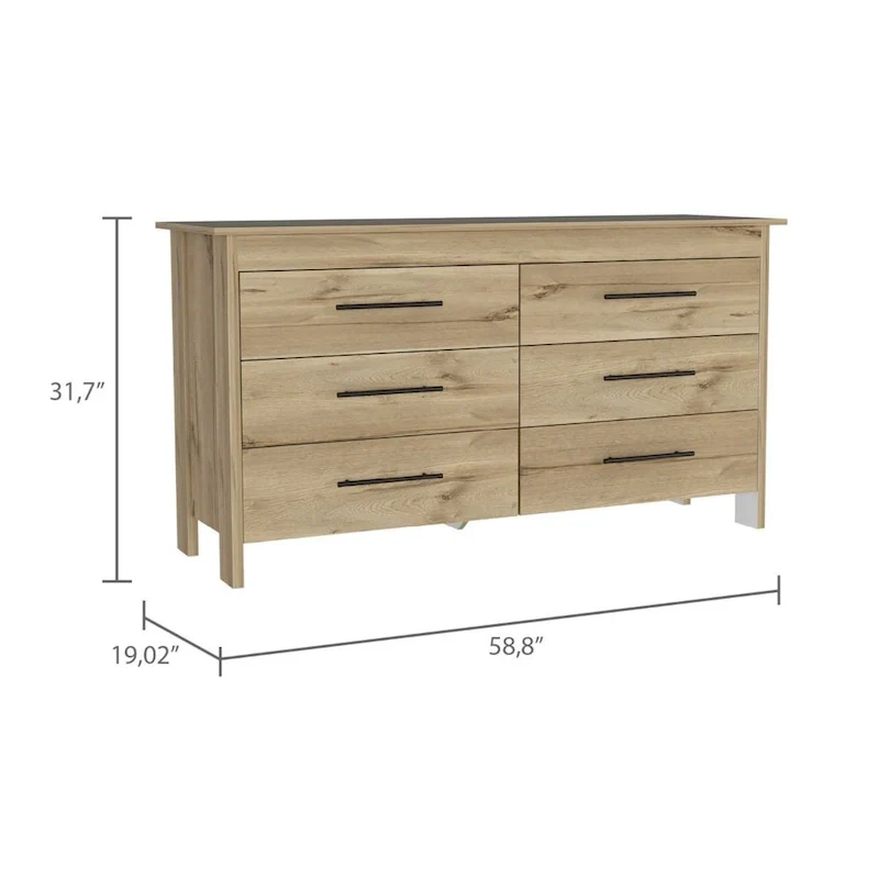 6 Drawer Double Dresser with Roller Guides, Metal Pulls and 4 Legs