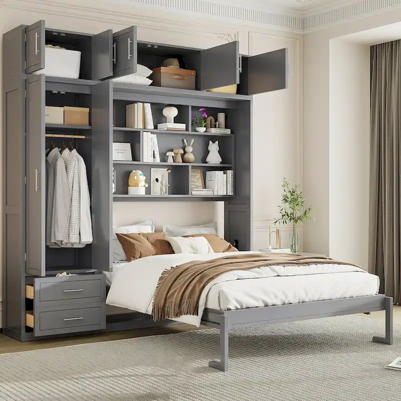 Versatile Queen Size Murphy Bed with Integrated Storage and Foldable Design for Space Optimization