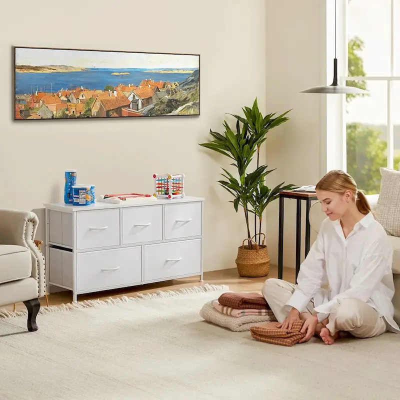 Dresser for Bedroom with 5 Fabric Drawers, Tall Chest Organizer Units for Clothing, Closet, Kidsroom, Storage Tower with Cabinet