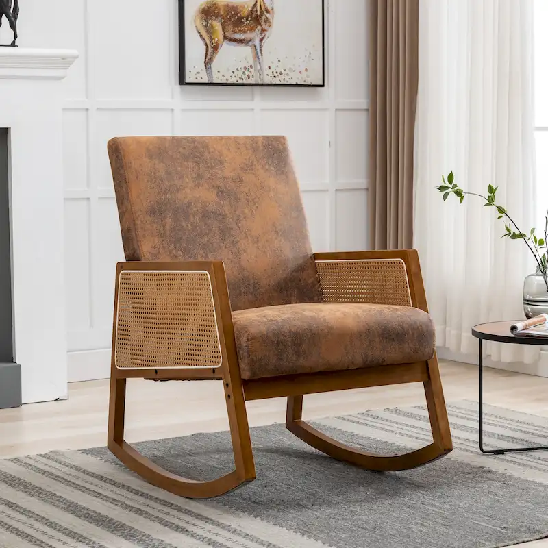 SEYNAR Modern PU Leather Rocking Chair with Rattan Arms