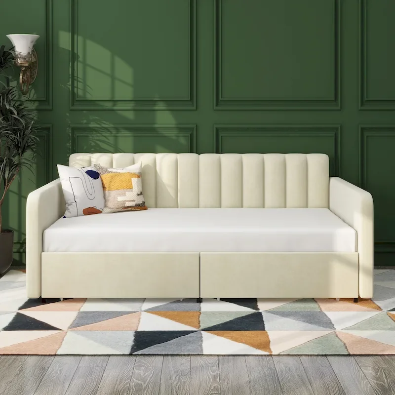 Epiphyllum Modern Velvet Twin Daybed with 2 Drawers and Ribbed Tufted Backrest by Christopher Knight Home