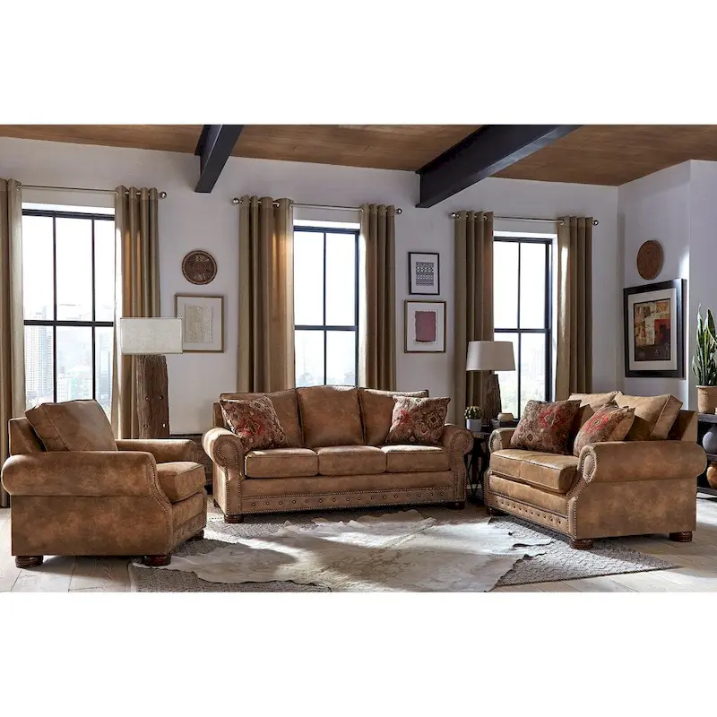 Rancho Rustic Brown Buckskin Fabric 3-pc. Sofa Bed, Loveseat, and Chair Set