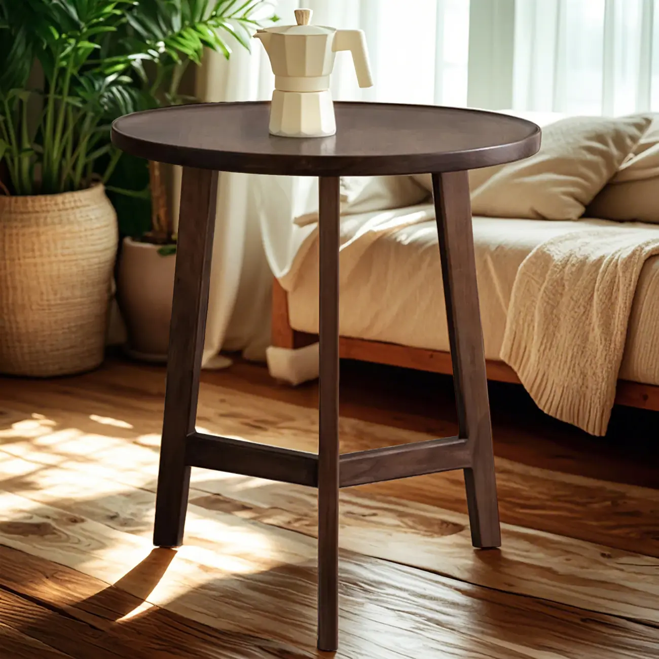 Mid-century Wooden Round Coffee Table Set with Cross Legs