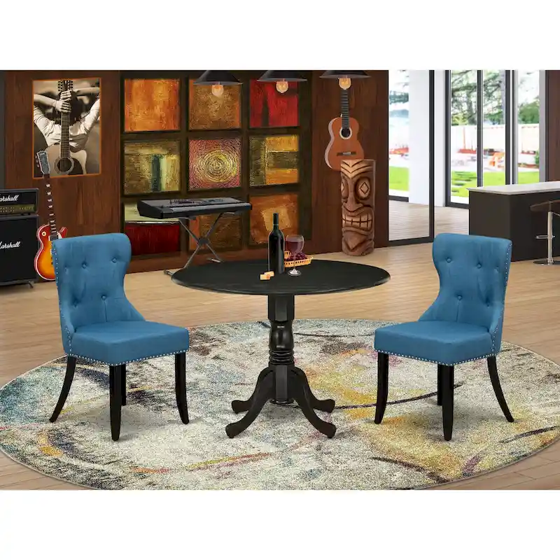 Round Dining Table Set with Blue Linen Fabric Chairs - Wire Brushed Black