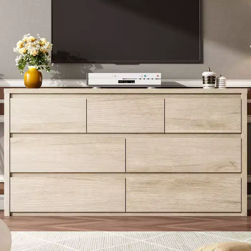 7 Drawer Dresser for Bedroom, Wide Modern Chest of Drawers, Large Wood Dresser Wooden Storage Organizer for Living Room, Hallway Entryway