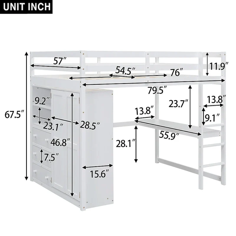 White/Gray Loft Bed with Wardrobe, Desk & Storage – Single, Pine Wood + MDF