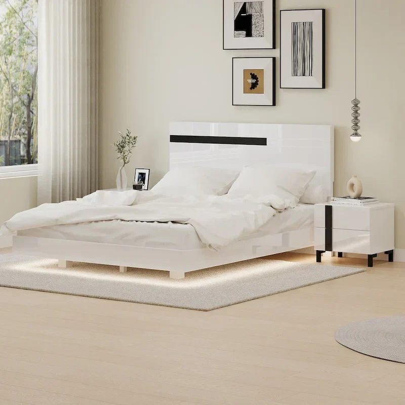 3-Piece Bedroom Set - White High Gloss - Queen Bed with LED & 2 Nightstands