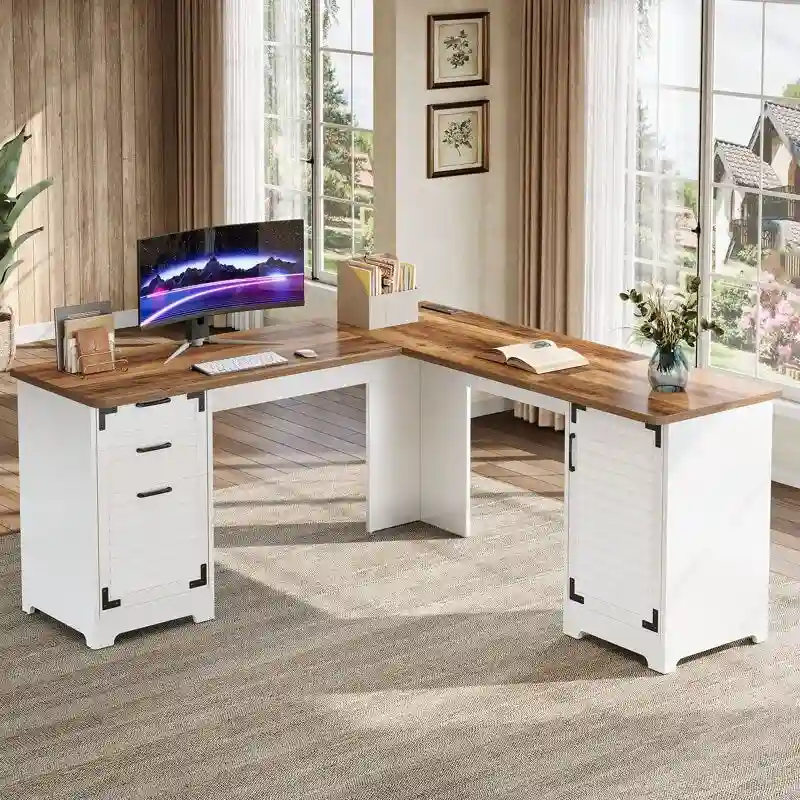Rustic Brown & White L-Shaped Corner Desk with Power Outlets, USB & Type-C Ports, 1-Person