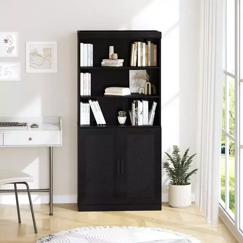 31 x 67 Black Wood Grain Combination Cabinet with 4 Adjustable Shelves, Open Bookshelf Storage Cabinet