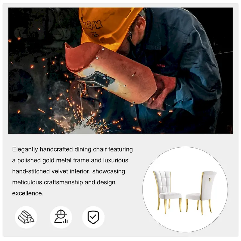 Luxury White Velvet Dining Chairs with Pull Ring on Back and Polished Gold Legs