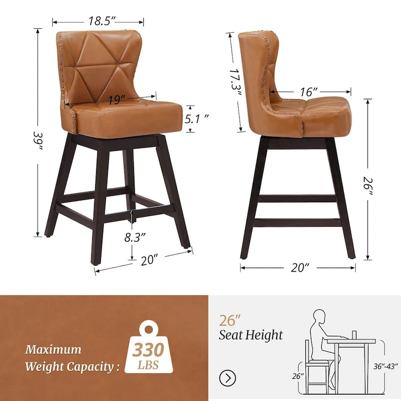 26 in. Modern Faux Leather/Fabric Upholstered Swivel Bar Stools with Wood Frame for Kitchen Island (Set of 2)