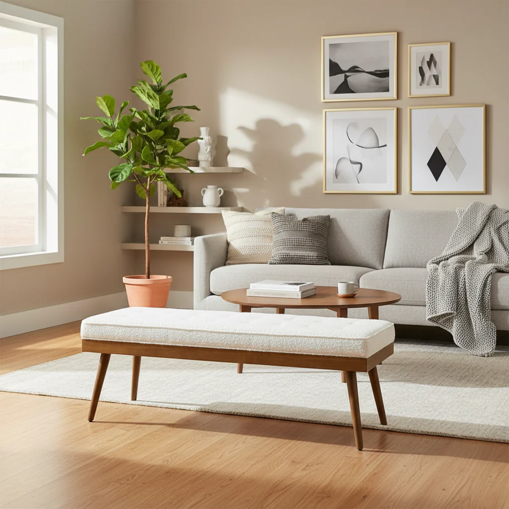Fabric Bench - Tufted Seat with Solid Wood Legs