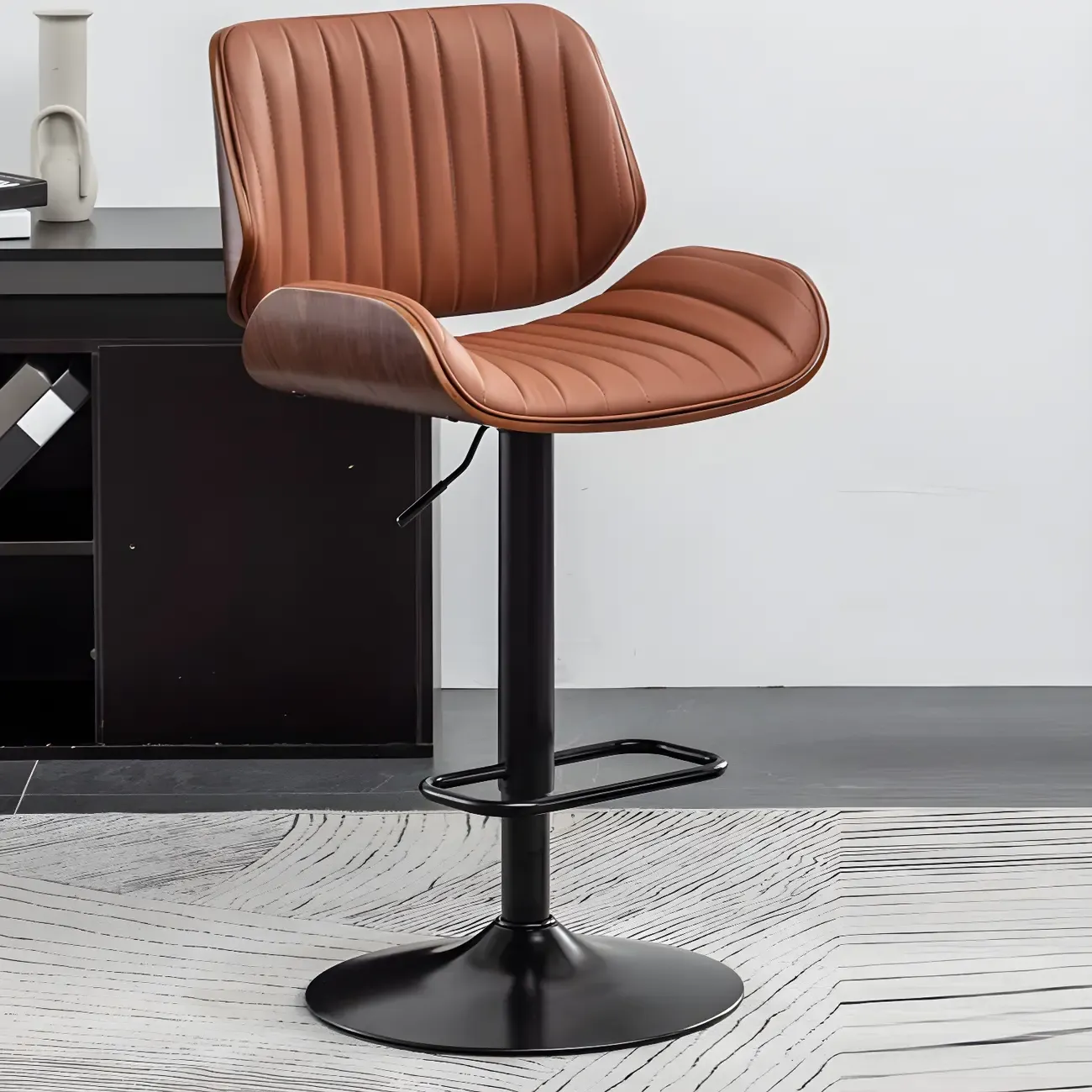 Elegant Wood Leather Red Swivel Adjustable Bar Stool