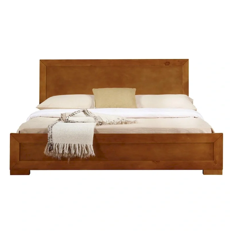 Oak Wood Queen Bed Frame with Headboard, Traditional Style, 2-Person