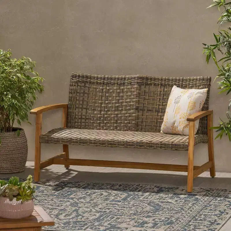 GDFStudio Jean Outdoor Acacia Wood and Wicker Loveseat