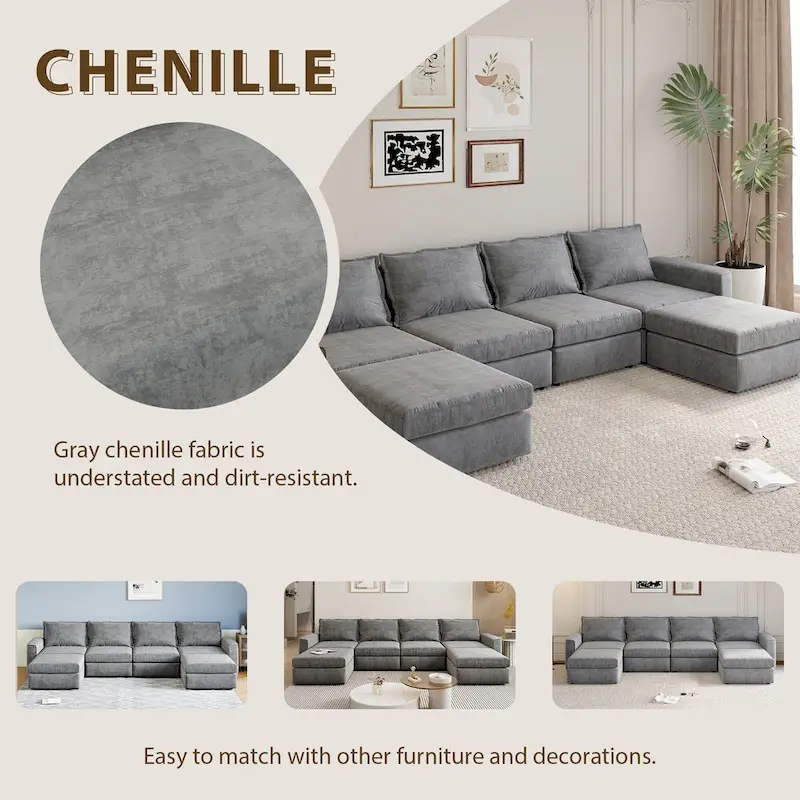 Grey 115 Convertible U-Shaped 6-Seat Modular Sectional Sofa with Ottoman, Customizable Fabric, and Tilting Armrests