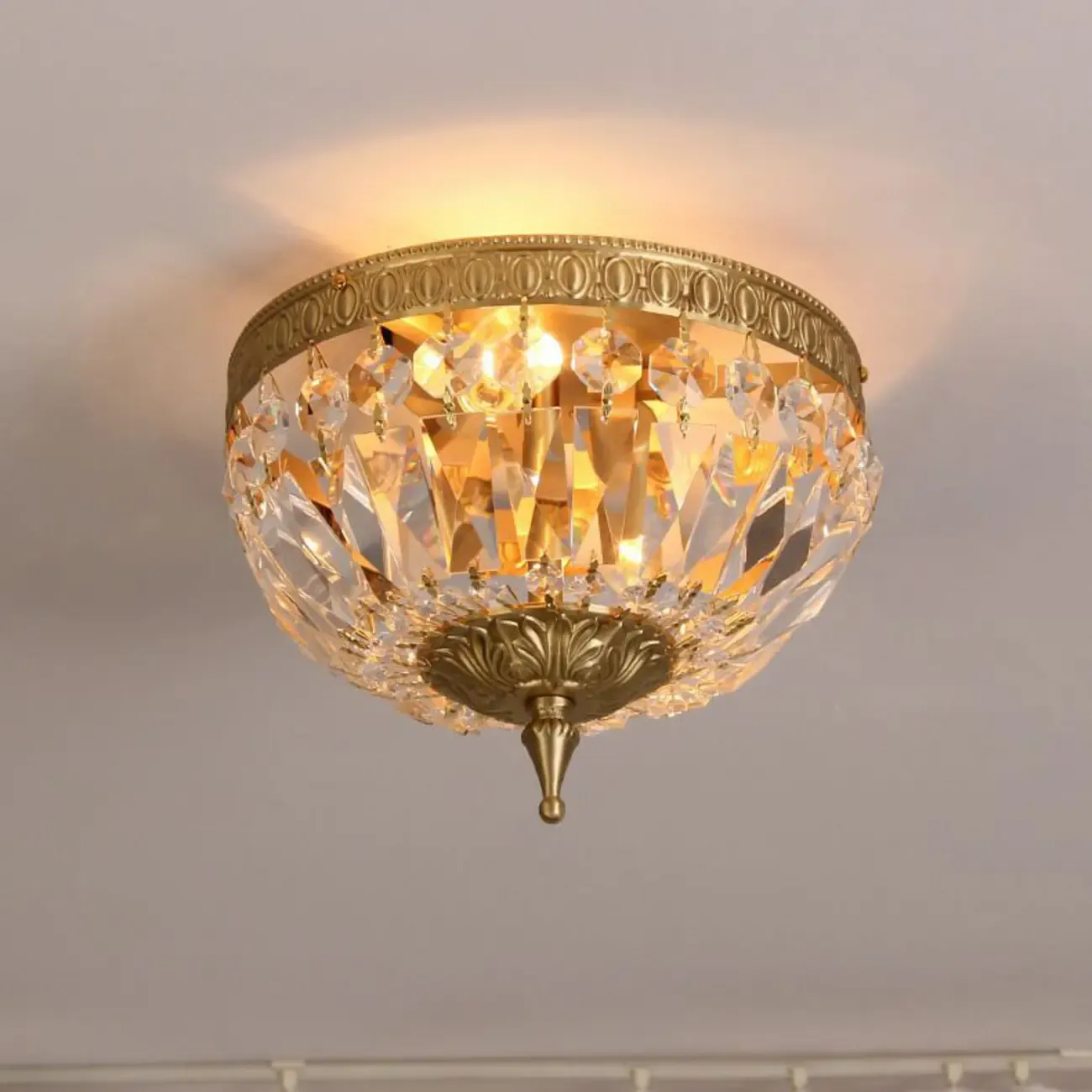 European Classical Crystal Brass Drum Flush Ceiling Light