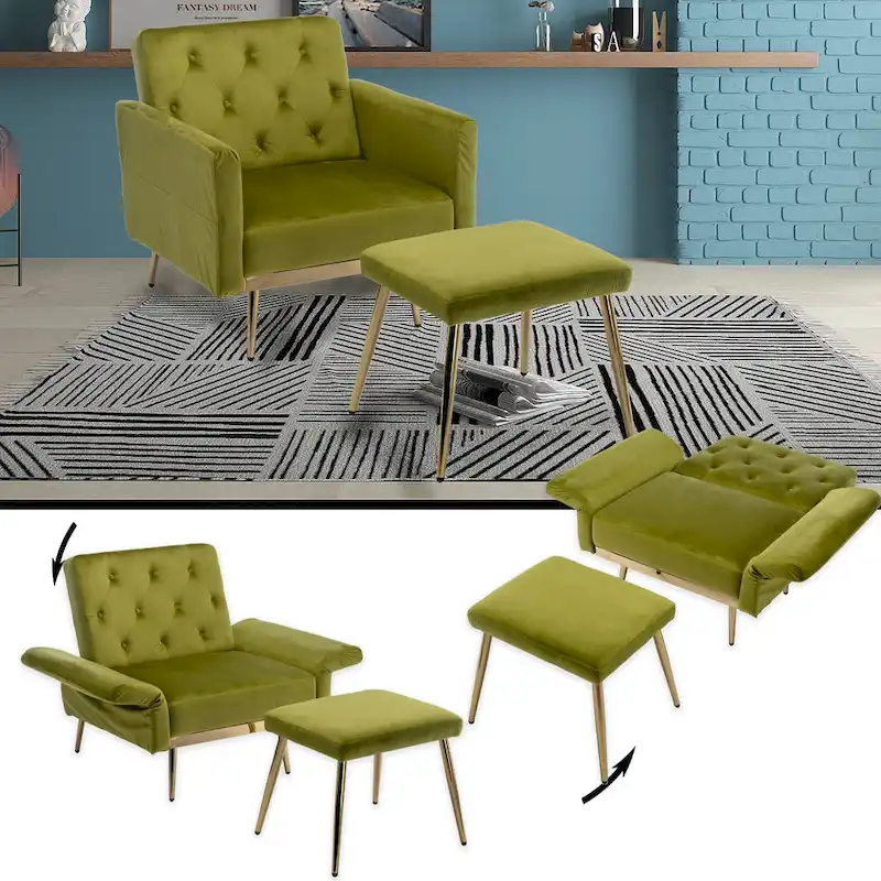 Velvet Tufted Convertible Armchair with Adjustable Backrest & Ottoman – Single