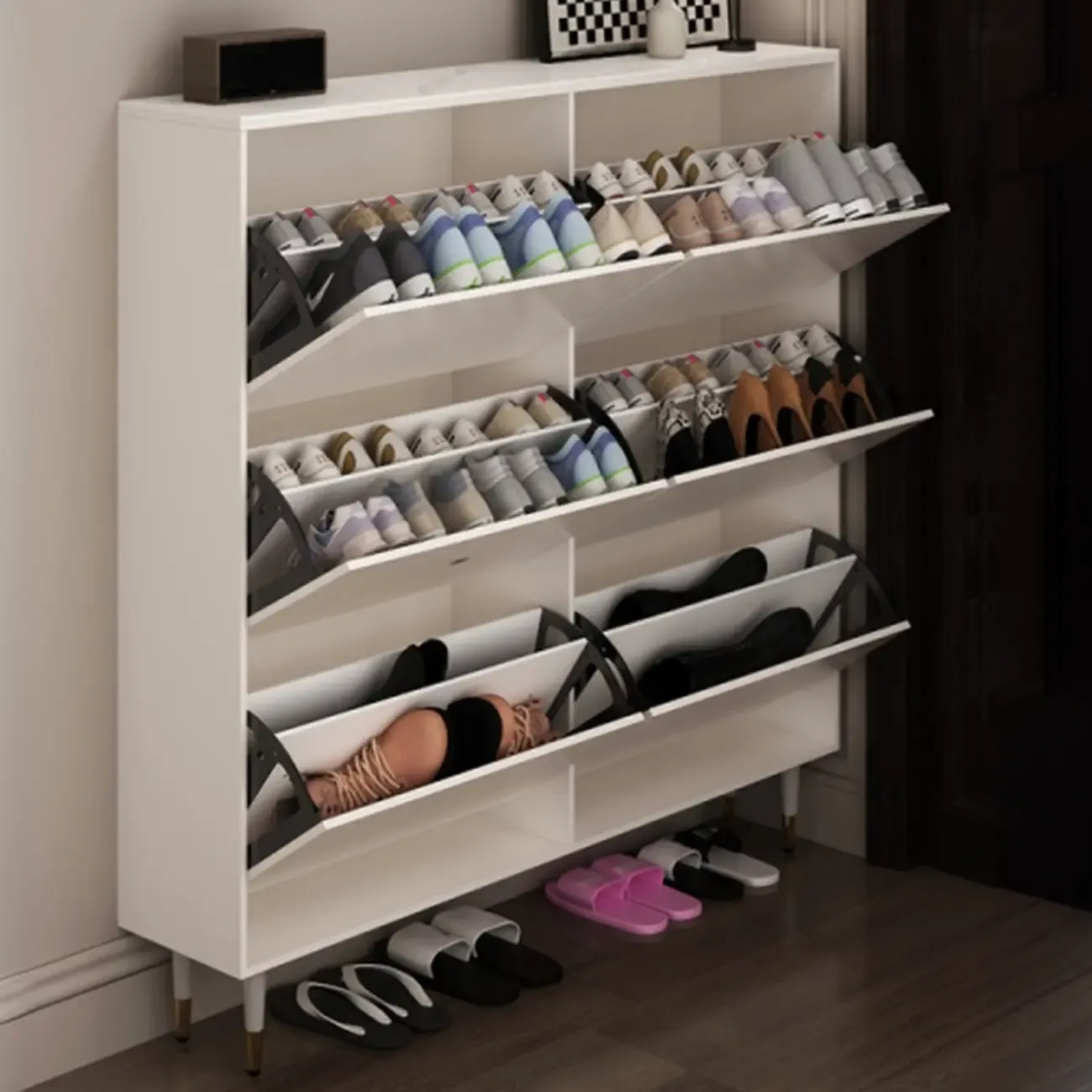 Modern White Wood Entryway Drop-Front Shoe Cabinet