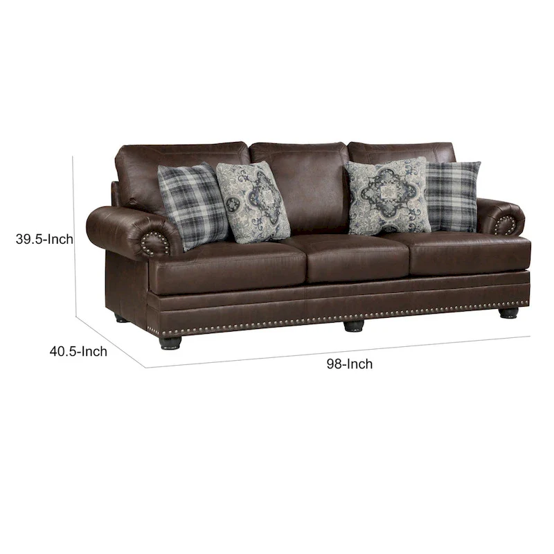 Jade 98 Inch Sofa, Rich Brown Microfiber, 4 Pillows, Soft Cushions, Wood