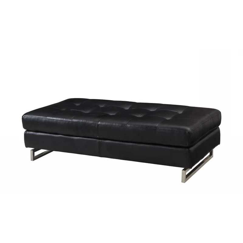 HomeRoots 63  Black Tufted Faux Leather and Silver Ottoman