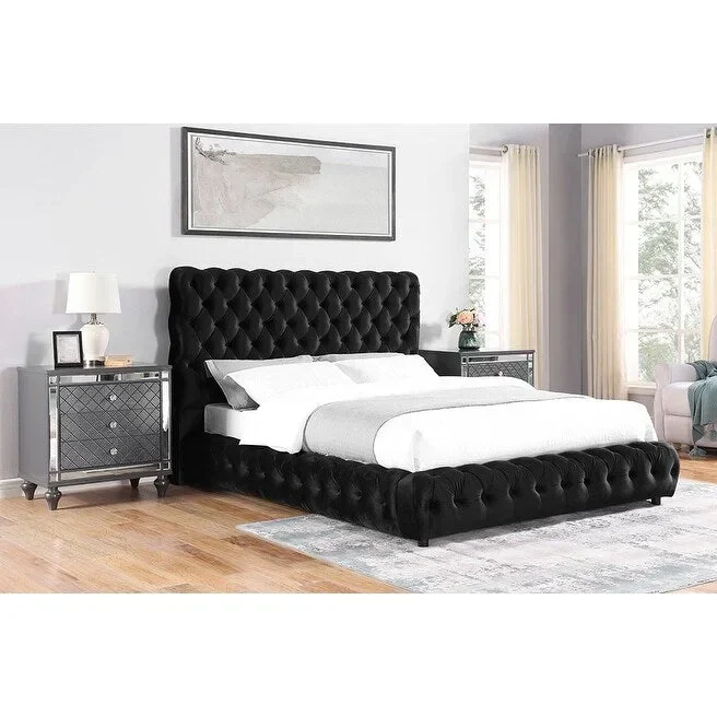 Black Velvet Tufted Platform Bed