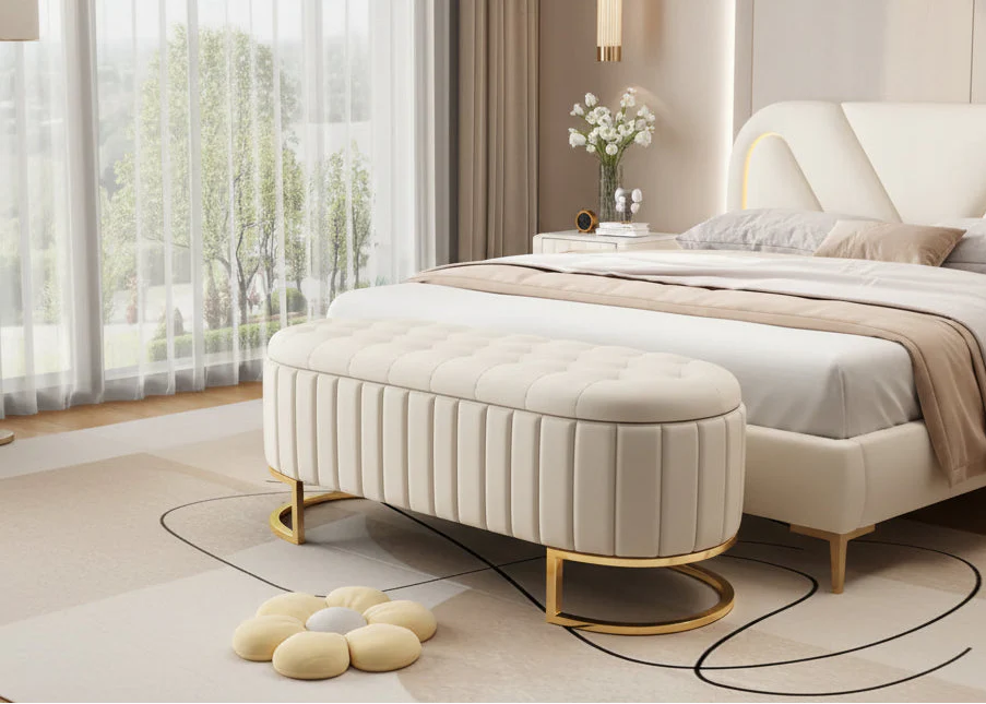 Elegant Velvet Storage Ottoman with Button-Tufted Design, Upholstered Bench with Metal Legs for Bedroom