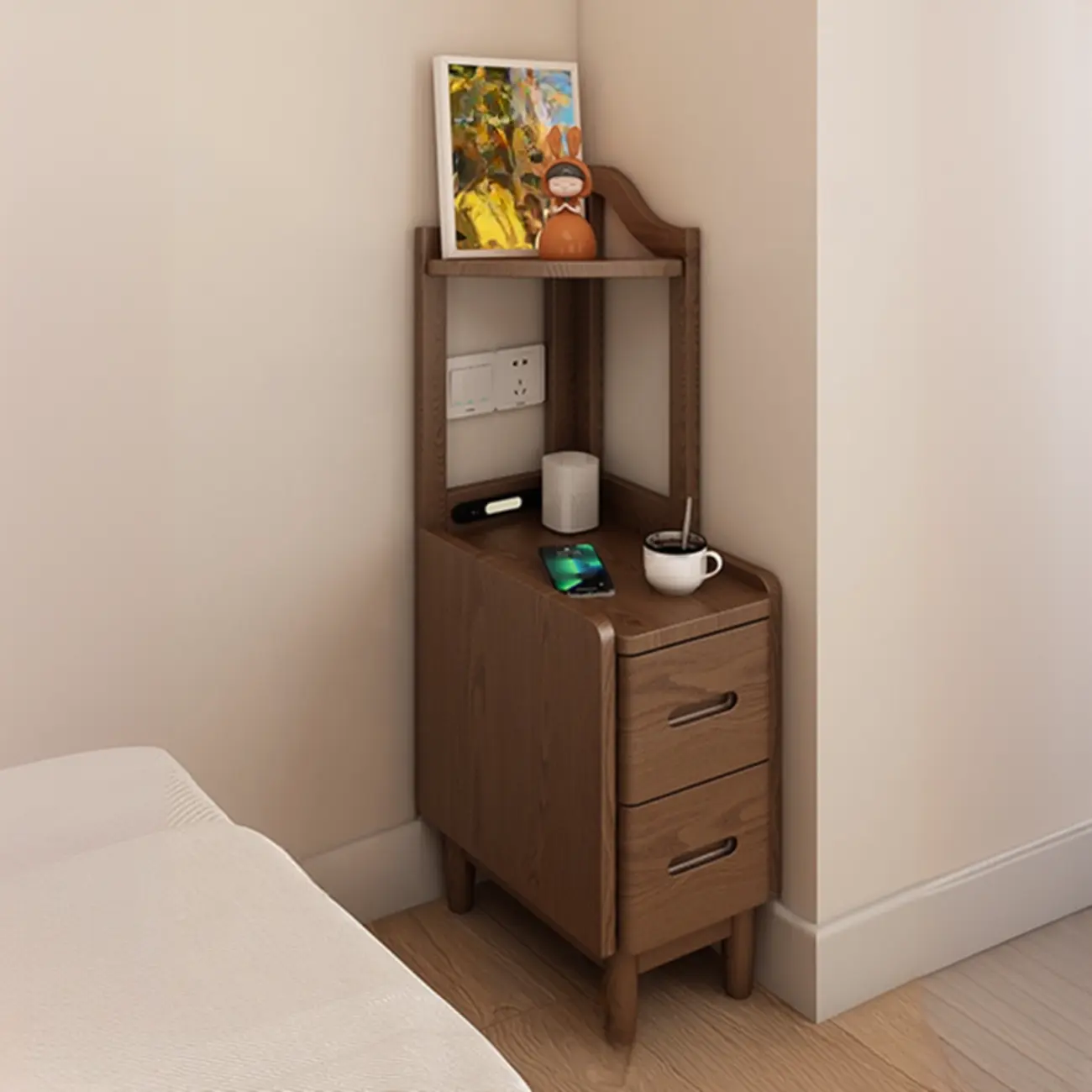 Tall Wooden Open Storage Narrow Nightstand with Drawers