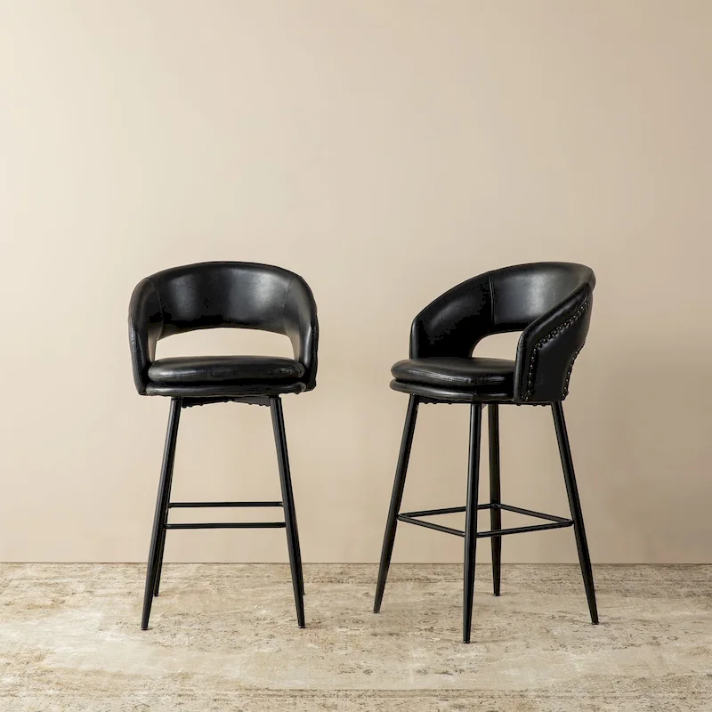 Mid-Century Modern Faux Leather Bar Stool with Nailhead Trim & Metal Legs – Black / Brown