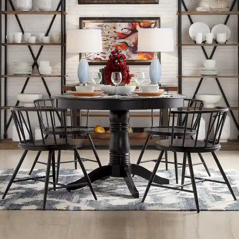 Black Round Pedestal Dining Table for 4, Rubberwood
