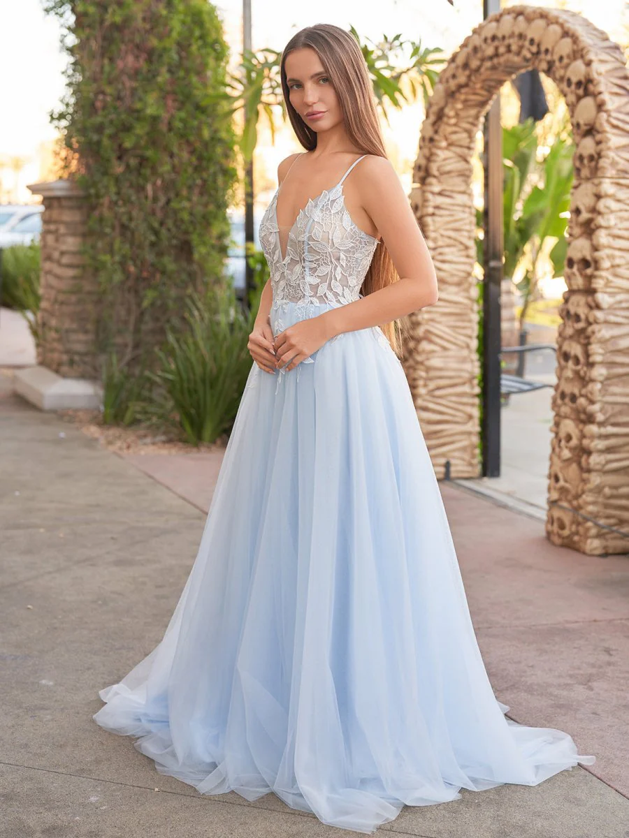 Light Blue V Neck Lace-Up Appliques Tulle Long Prom Dress