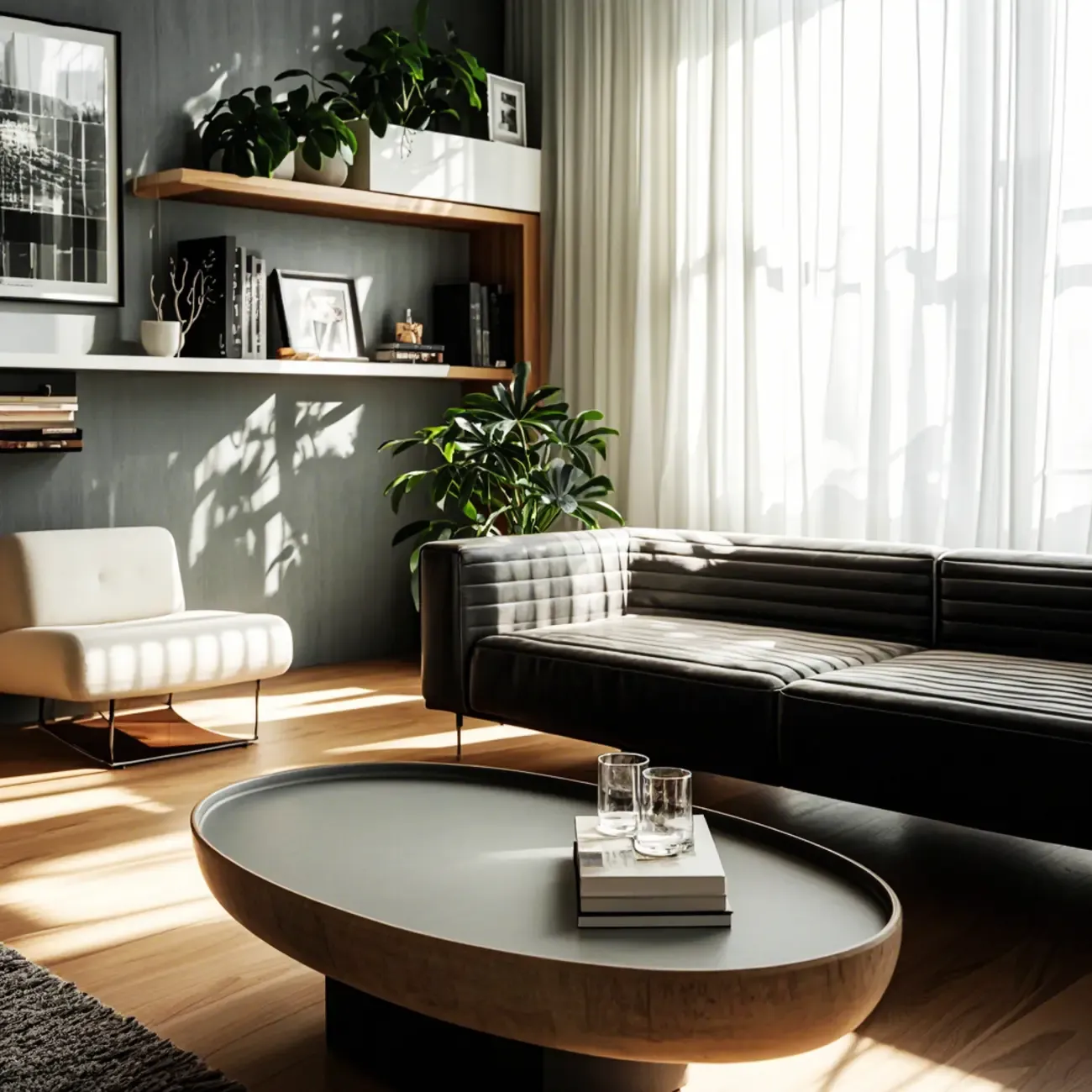 Modern Black Round Fiberglass Coffee Table with Tray Top