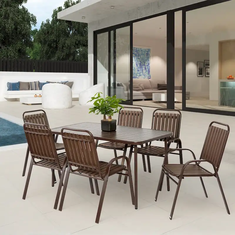7 Piece Patio Dining Table Chair Set, Outdoor Conversation Furniture Set with Rectangular Steel Table and 6 Chairs